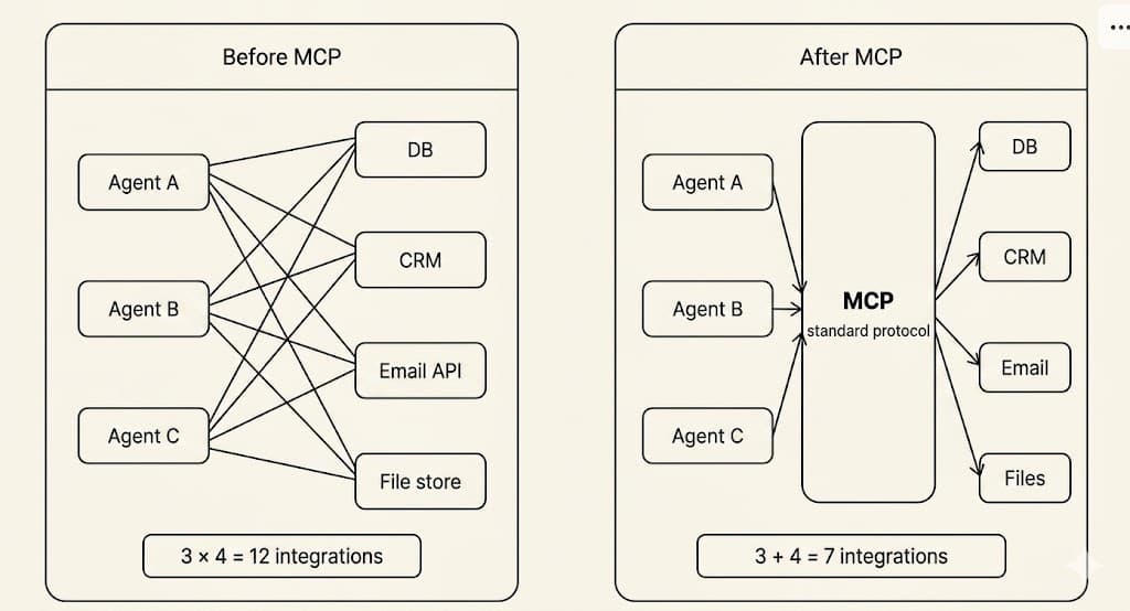 Before and after MCP: before shows bespoke per-tool integrations for each model; after shows a single MCP server reused across any compatible agent or IDE